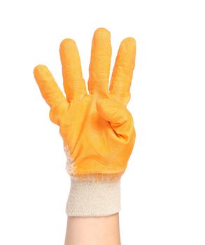Hand in rubber glove shows four. Isolated on a white background.