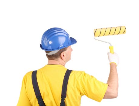 Worker with roller. Isolated on a white background.