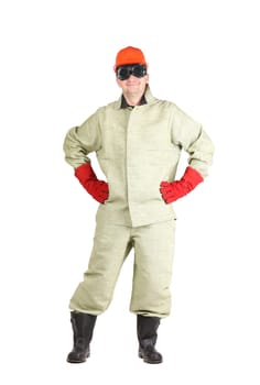 Smiling welder in glasses and red helmet. Isolated on a white background.