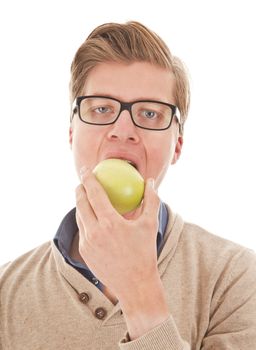 Young student eating an apple isolated on white background