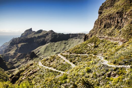 A narrow winding road in the mountains at Masca, Tenerife on Canary Islands