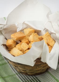  fresh homemade croutons in a bowl.