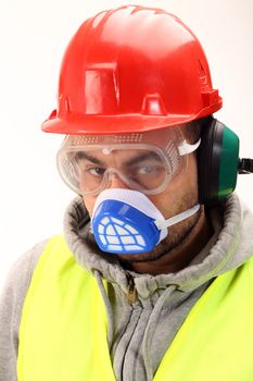 worker with red helmet and mask over white 