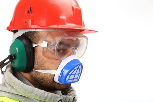 worker with red helmet and mask over white 