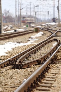 View of rail station selective focus on the tracks 