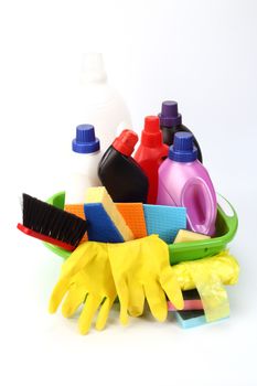 Household chemical goods for cleaning on white