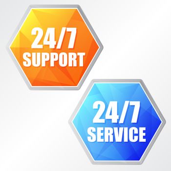 24/7 service, two colors hexagons labels, flat design, business support concept