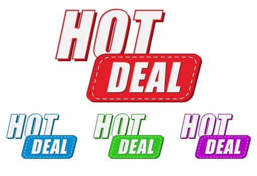 hot deal, four colors labels, flat design, business shopping concept