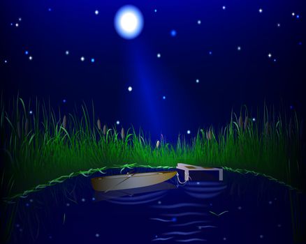 blue lake with grass and boat on the night  sky background