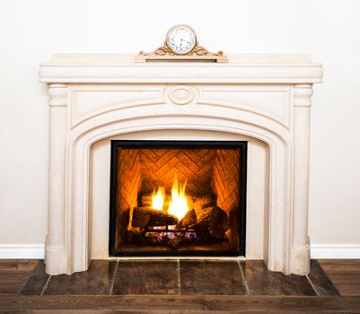 Luxurious White Marble Fireplace Detail and empty white wall