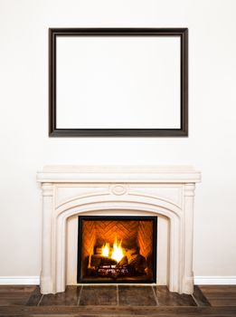 Luxurious White Marble Fireplace and empty wood frame for your text, logo, images, etc