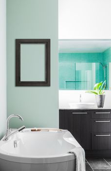 Modern Bathroom with blank wall for your test, image or logo. Soft Green Pastel Colors