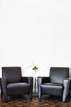 Modern Interior Room and white wall with space for your text. Two luxurious couch and glass table with accessories of your choice.