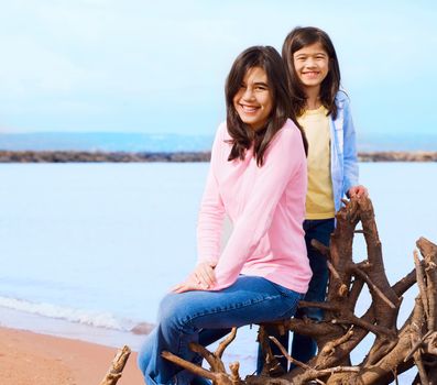Two sisters sitting on fallen tree by lake shore in summer