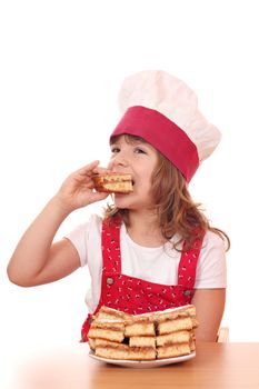 hungry little girl cook eat apple cake