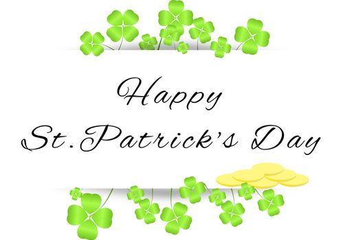 Board with greetings on St. Patrick's Day with four-leaf clovers and gold coins isolated on a white background.Four leaf clovers tucked away with shadow