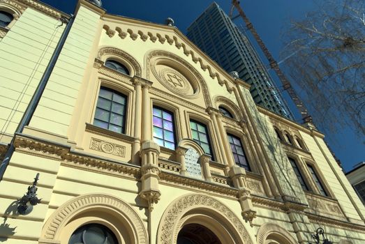 Façade of the Neo-romanesque Rywka and Zalman Nozyk synagogue - Warsaw, Poland.