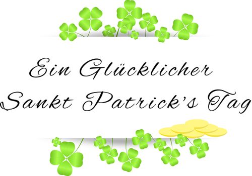 Board with greetings on St. Patrick's Day with four-leaf clovers and gold coins isolated on a white background.Four leaf clovers tucked away with shadow