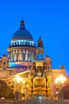 Isaac beautiful cathedral in Saint-Petersburg at night