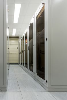 Racks with network equipment in technology telehouse room