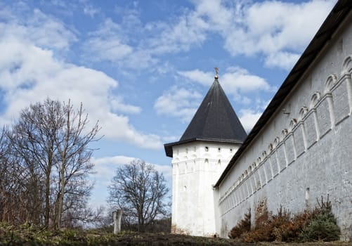 Wall and tower of  Savvino-Storozhevsky orthodox monastery established  in 1398, Zvenigorod, Russia
