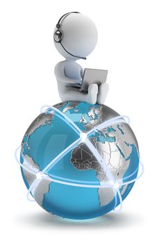 3d small person sitting with a laptop on the Earth with a global network. 3d image. White background.