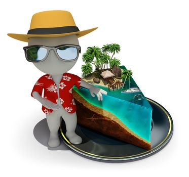 3d small person - tourist near a slice of cake in the form of paradise. 3d image. White background.