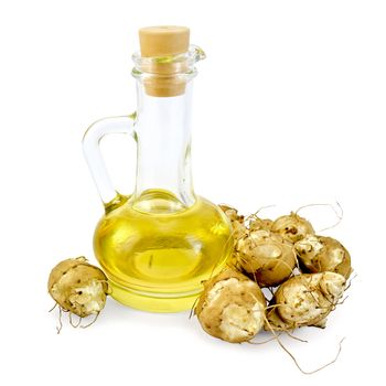 Jerusalem artichoke, carafe with vegetable oil isolated on white background