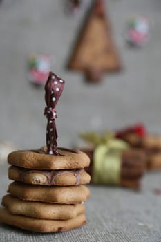 five homemade christmas biscuits decorated with chocolate