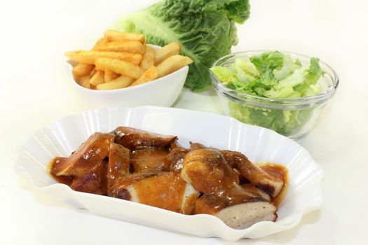 a currywurst with french fries and salad