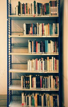 Books on bookshelf in vintage tone    