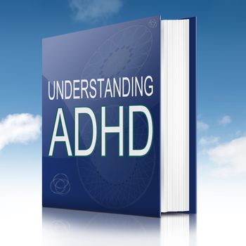 Illustration depicting a text book with an ADHD concept title. Sky background.