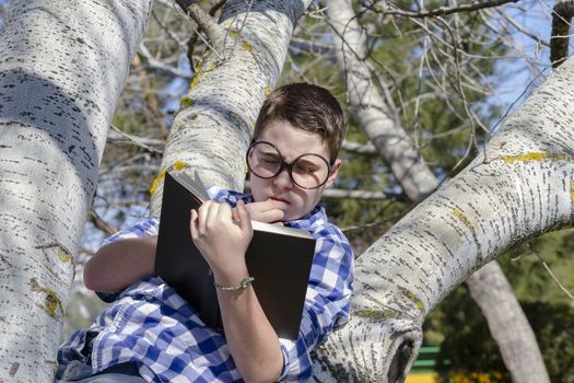 Young boy reading a book in the woods with shallow depth of field and copy space