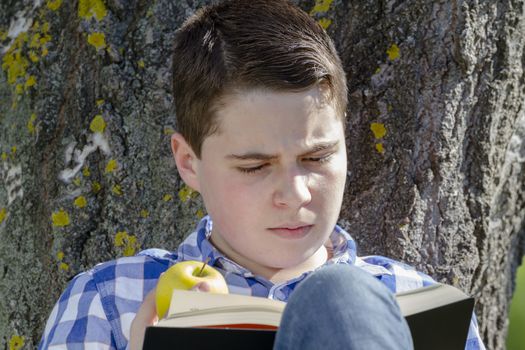 Young boy reading a book in the woods with shallow depth of field and copy space