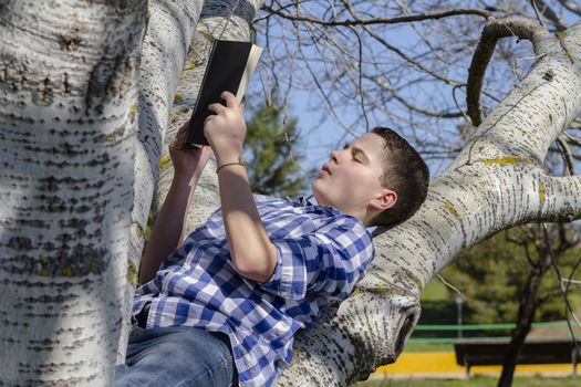 Young boy reading a book in the woods with shallow depth of field and copy space