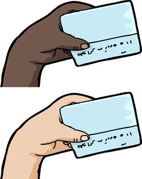 Hand holding blank credit card over isolated white background