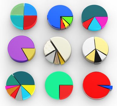 set of different pie chart on isolated background