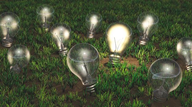 some light bulbs with different size are growing as ideas on a grassy soil like plants, only one of them is turned on and is emitting a yellow light