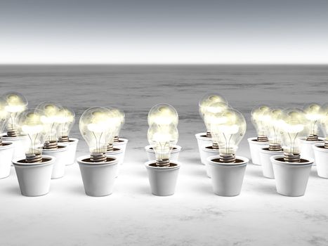rows of light bulbs with cold light and with different sizes are growing in white pots that lie on a white and gray abstract ground