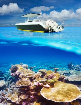 Beautiful beach and motor boat with coral reef bottom underwater and above water split view