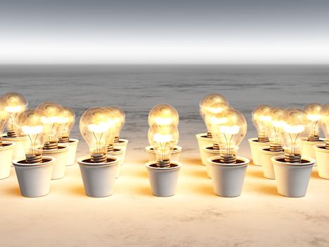 rows of light bulbs with warm light and with different sizes are growing in white pots that lie on a white and gray abstract ground