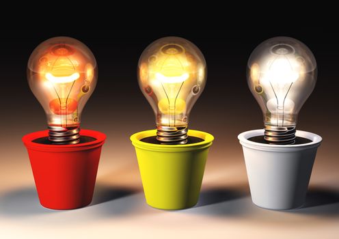 three lit light bulbs with different light color are growing in colored pots that lie on a dark background