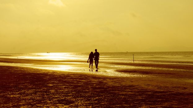 Happy couple walking on beach at sunrise         