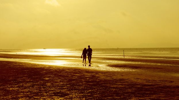 Happy couple walking on beach at sunrise         