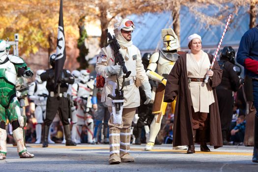 Atlanta, GA, USA - December 1, 2012:  Characters from the Star Wars movies walk down Peachtree Street while taking part in the annual Atlanta Christmas parade in downtown Atlanta.
