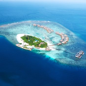 Group of atolls and islands in Maldives from aerial view