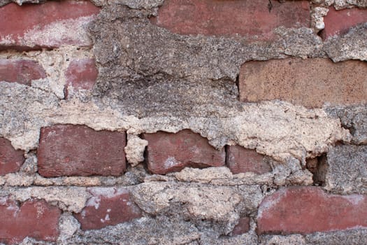 Brick and mortar on a very old brick wall in Atlanta. 