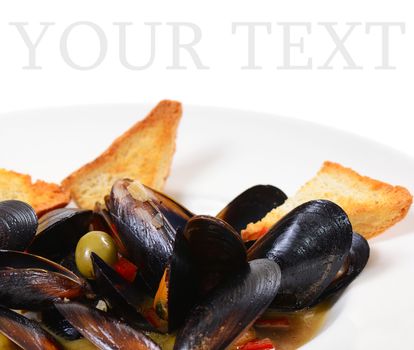 Mussels Tuscan with crispy ciabatta cloce up