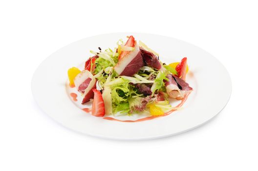 Salad with smoked duck breast  cloce up