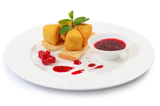 The cheese in breadcrumbs with currant jam